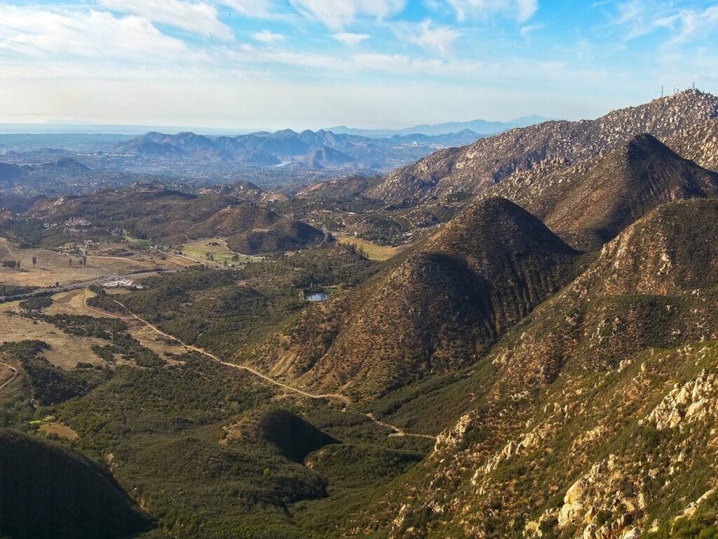 Wide Panoramic Landscape of San Diego County North Inland and distant Southern California Mountains from summit of Iron Mountain in Poway California